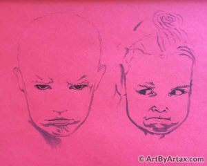 Double Portrait of an Angry Boy and Girl in Red on Red - In Progress 1