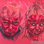 Double Portrait of an Angry Boy and Girl in Red on Red