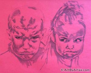 Double Portrait of an Angry Boy and Girl in Red on Red - In Progress 2