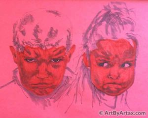 Double Portrait of an Angry Boy and Girl in Red on Red - In Progress 3