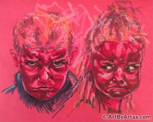 Double Portrait of an Angry Boy and Girl in Red on Red