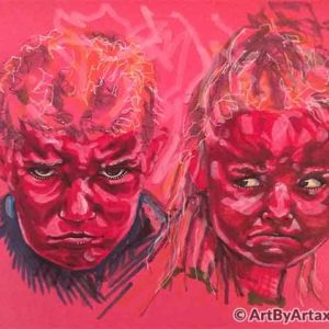 Double Portrait of an Angry Boy and Girl in Red on Red