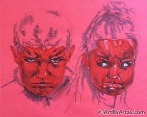 Double Portrait of an Angry Boy and Girl in Red on Red - In Progress 4